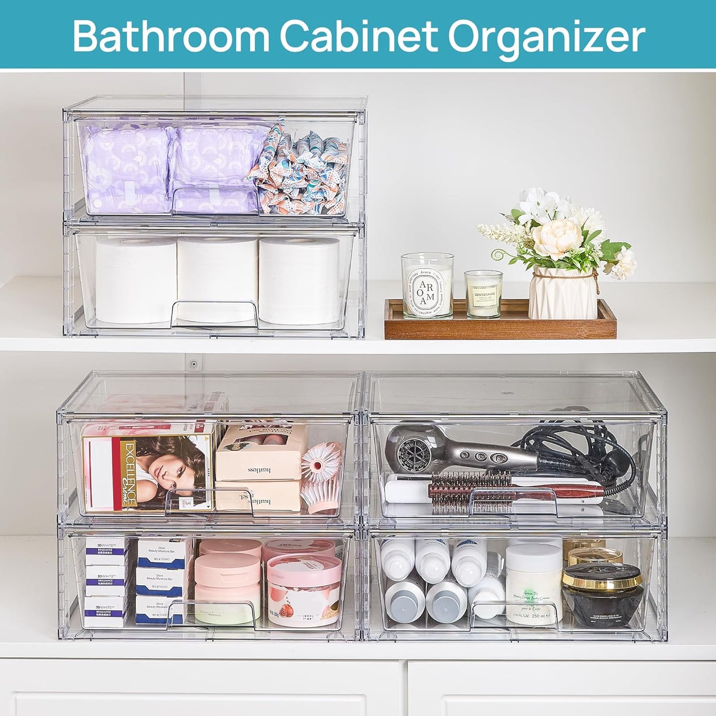 Vtopmart 4 Pack Large Stackable Storage Drawers,Easily Assemble Acrylic Bathroom Closet Undersink Organizers and Storage,Plastic Storage Bins for Kitchen Cabinets,Pantry,Makeup,Medicine Organization