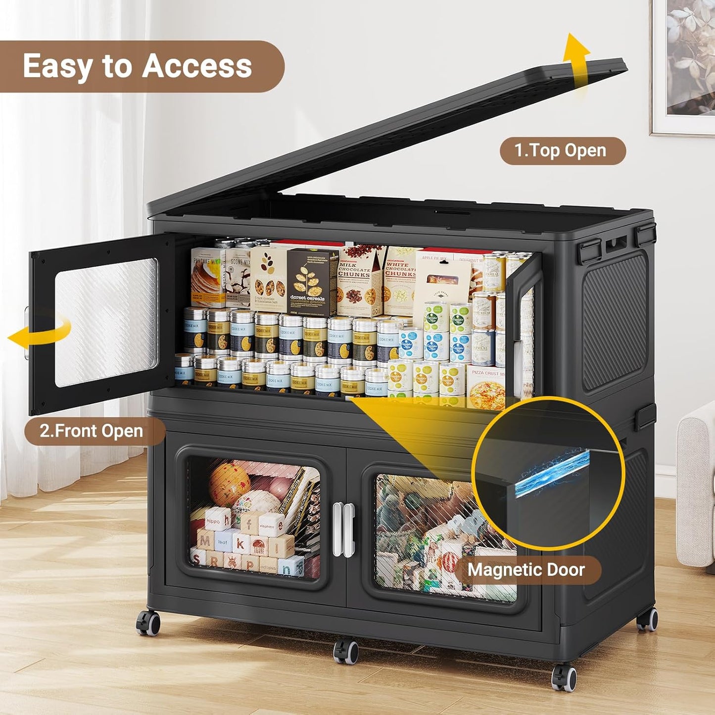 BROVIEW 880 Qt Stackable Storage Bin with Lid, 220Gal Extra Large Collapsible Storage Boxes, Folding Plastic Drawer, Heavy-Duty Store Cabinet, Closet Organizer for Home Kitchen, 4 Pack Black