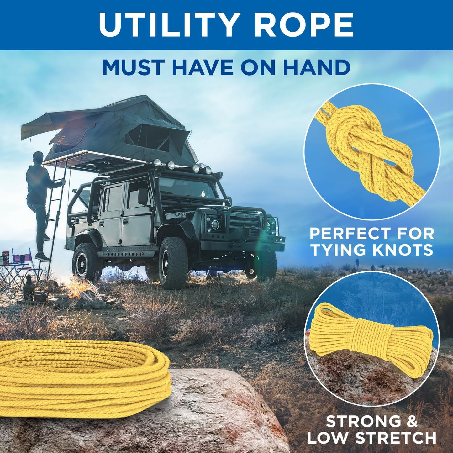 TECEUM Cotton Rope 3/16” (5 mm) – 100 FT – Strong All-Purpose Braided Rope – Natural Cotton – for Crafting, Сamping, Clothes Line, DIY, Indoor & Outdoor Use – Yellow