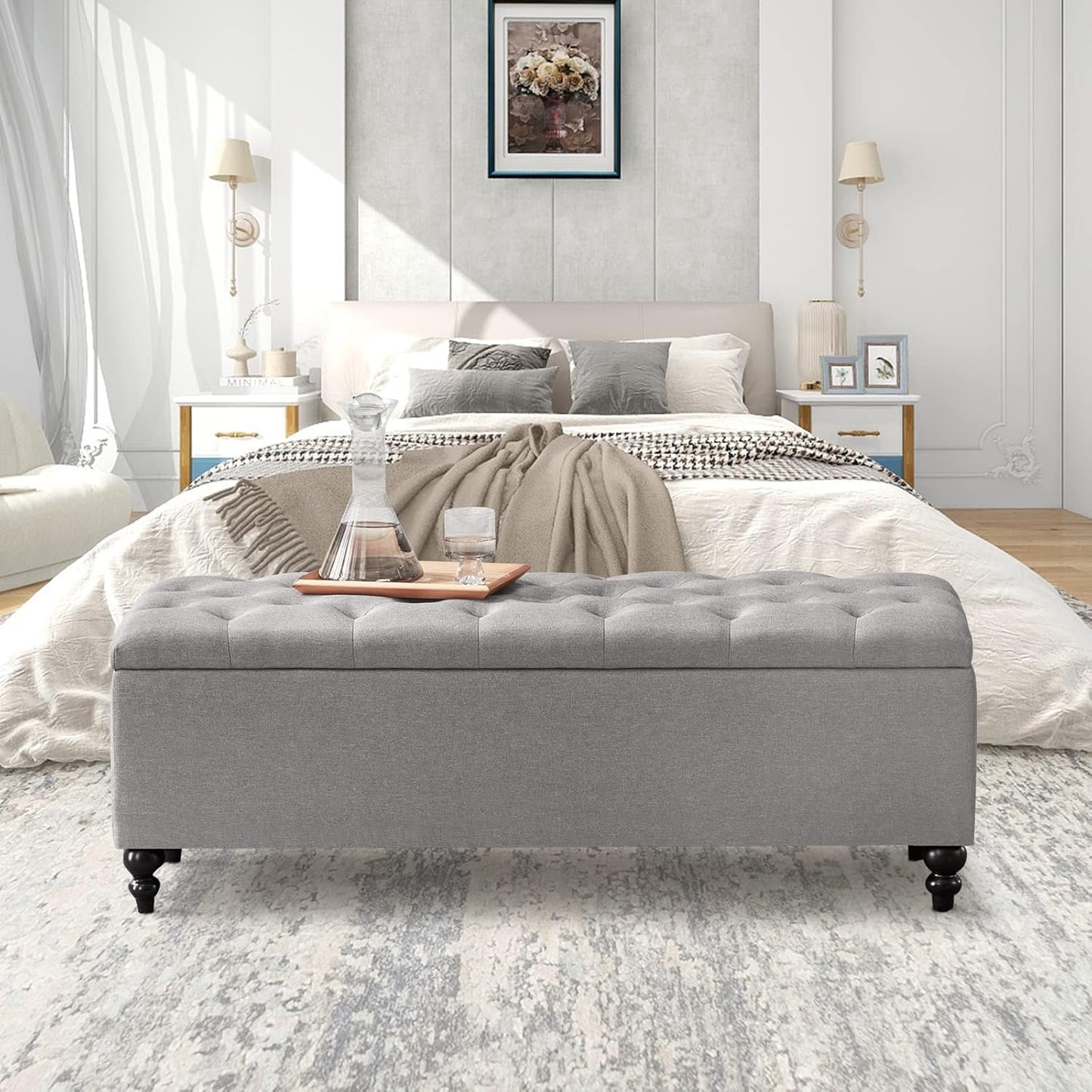 Storage Ottoman 50.2 Inches Upholstered Fabric Bench,Button Tufted for Living Room,Bedroom End of Bed Bench Withstands 303lbs (Grey)