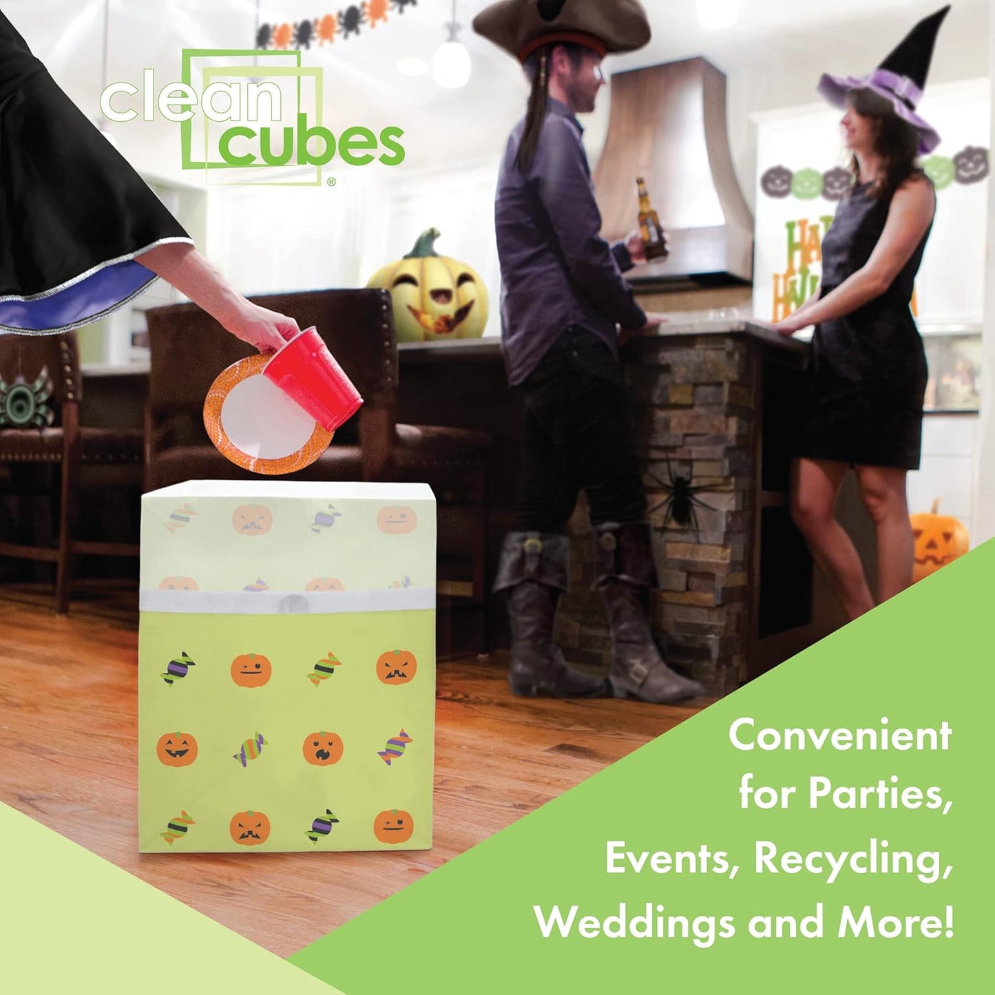 13 Gallon Disposable Pop-Up Trash Cans (3-Pack) with Fitted Bags – Foldable Garbage & Recycling Bins for Parties, Events & Kitchen (Halloween, 17" H x 13.5" W x 10" D)