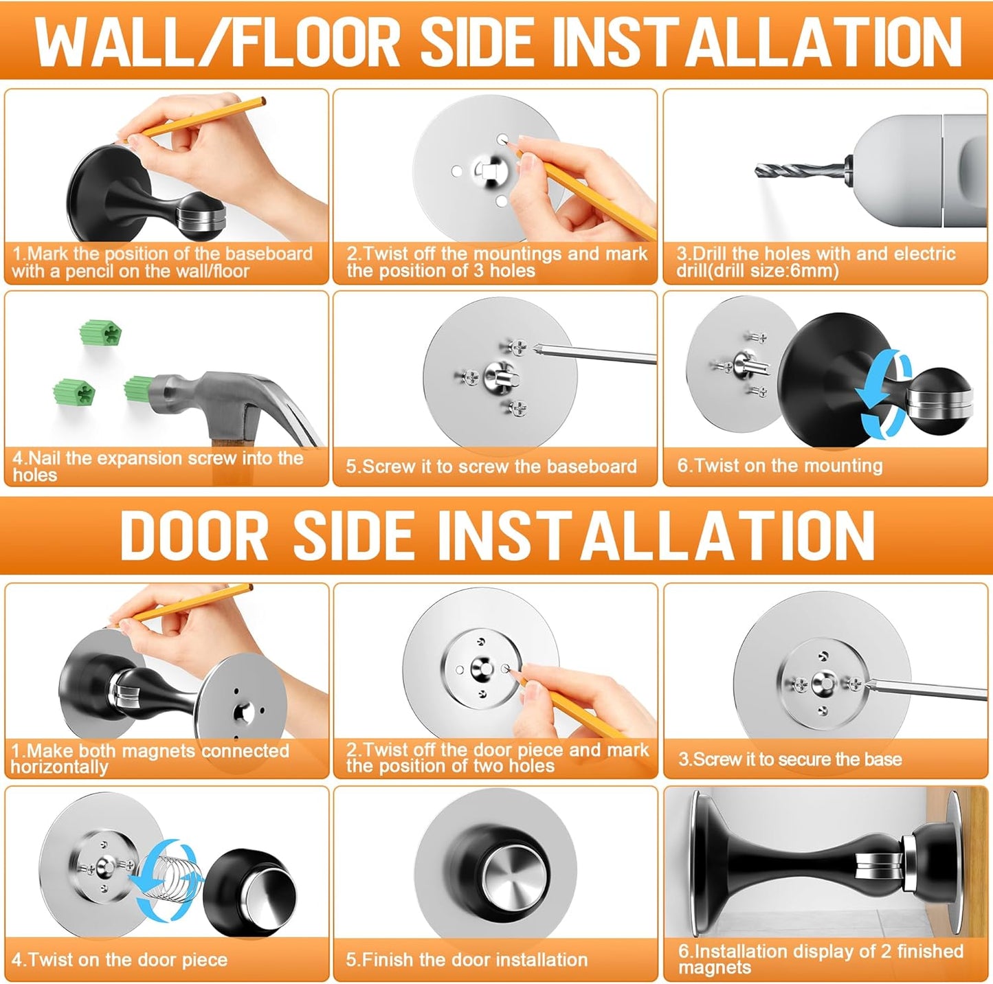 Crosize Magnetic Door Stoppers 6 Pack, Stainless Steel Door Catch for Wall and Floor Mounting, Door Holder Keep Door Open, No Drilling Door Stop with Adhesive Tapes, White
