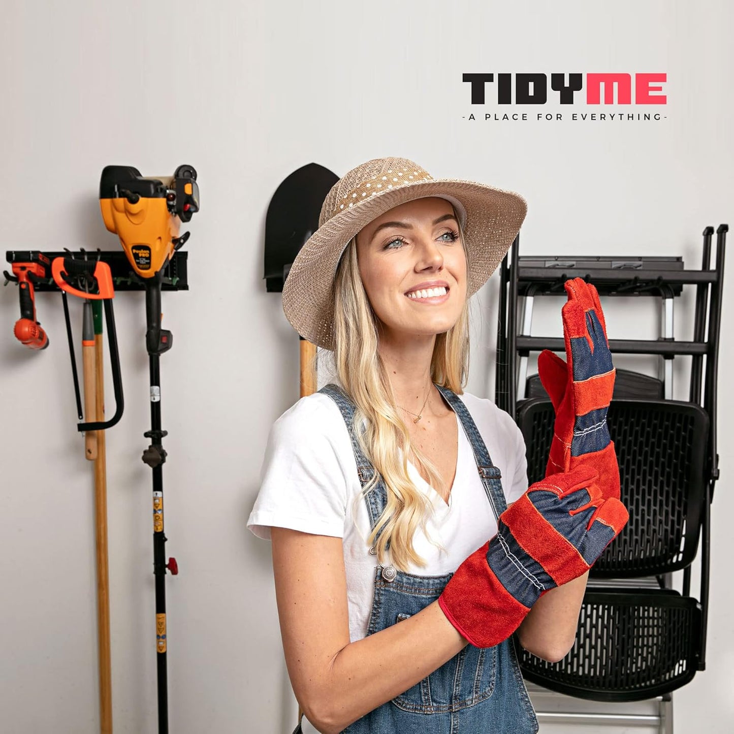 Garage Wall Organizer | 48" Heavy-Duty Tool Storage Rack | Adjustable Double-Layer Hooks | 300 lbs Capacity | Carbon Steel Wall Mount Holder for Shovels, Rakes, Ladders & Power Tools