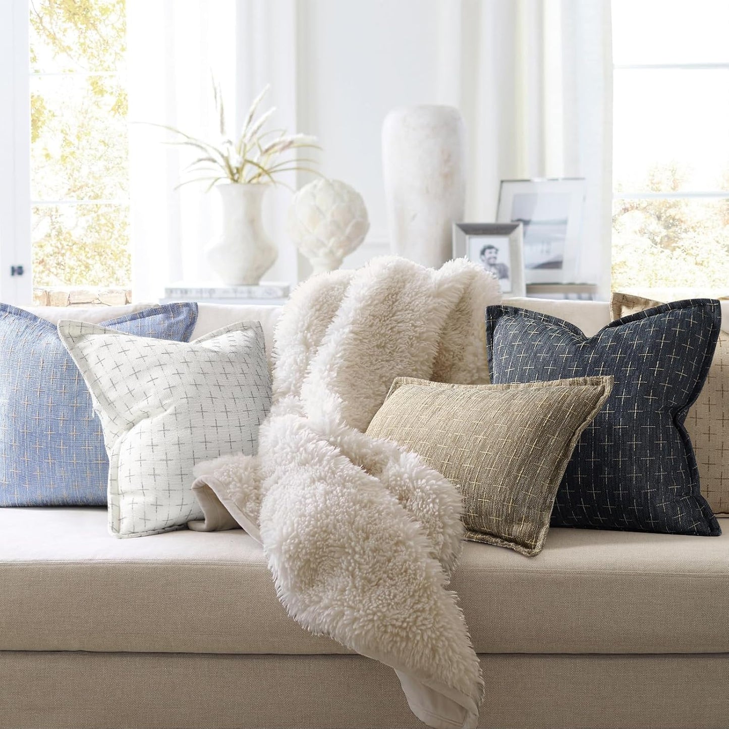 ZWJD 12x20 Pillow Covers Set of 2 Soft Polyester Textured Pillow Covers with Stylish Flange Edge Cozy Farmhouse Throw Pillows for Couch Bed Sofa Living Room