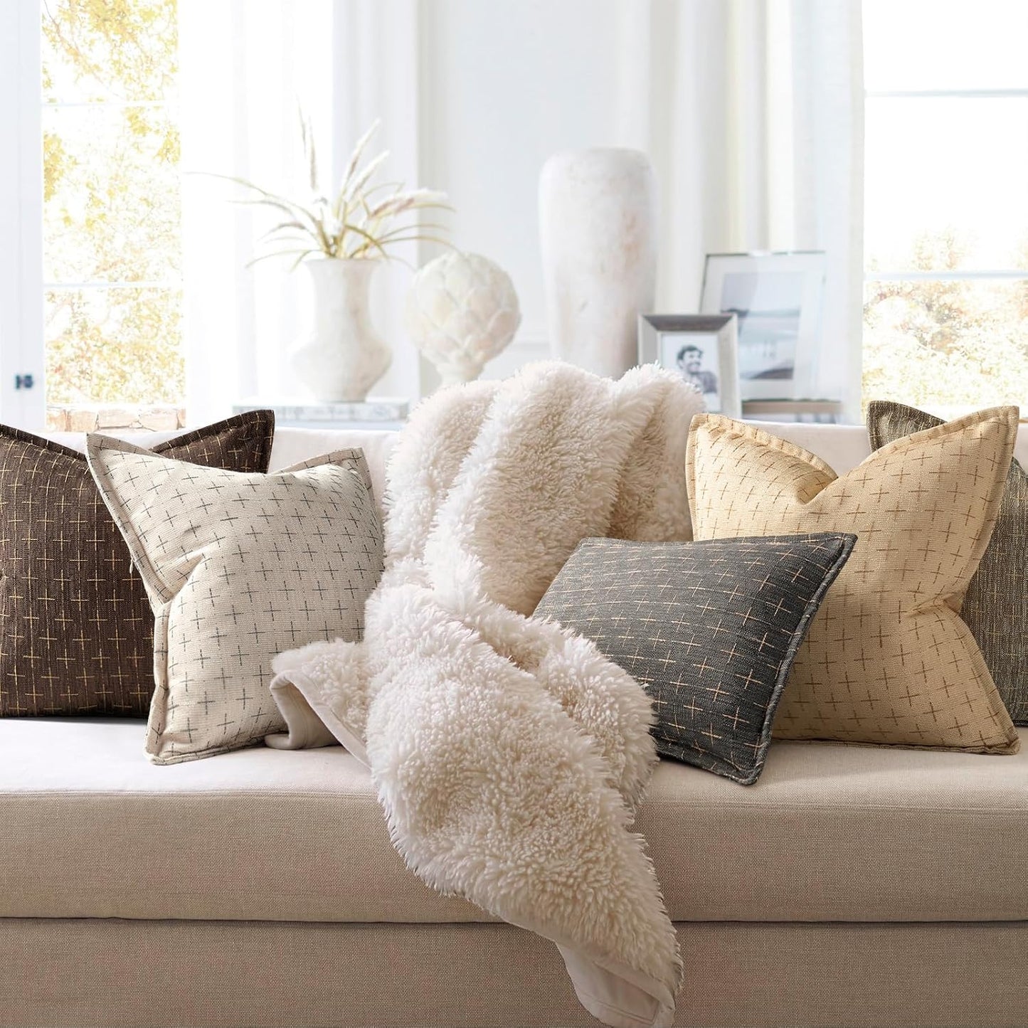 ZWJD Pillow Covers 16x16 Set of 2 Soft Polyester Textured Pillow Covers with Stylish Flange Edge Cozy Farmhouse Throw Pillows for Couch Bed Sofa Living Room