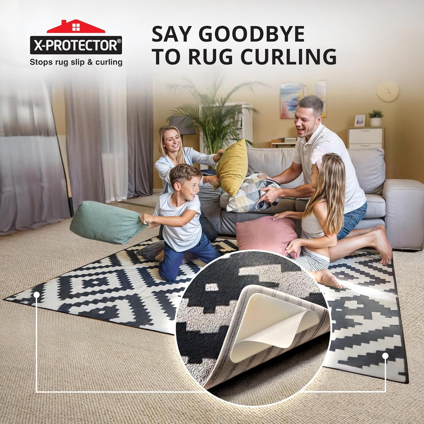 X-Protector Rug Tape for Carpet - 16 Pcs Set - White Anti-Slip & Anti-Curling Carpet Tape for Rugs - Premium Rug Pad Gripper - Ideal Carpet Corner Grippers to Keep Your Rugs & Make Corners Flat