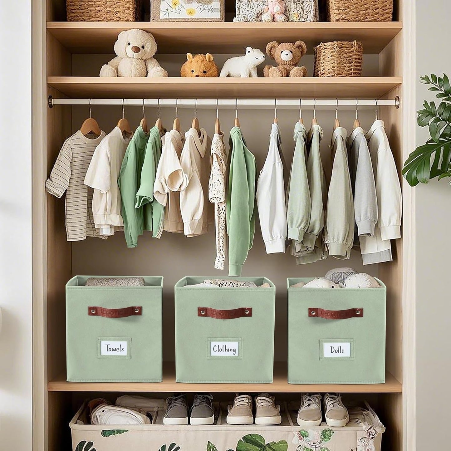 DECOMOMO Storage Bins, Cube Storage Bin with Labels, Fabric Storage Cubes for Shelves (10.5" x 11" / 2pcs, Sage Green)