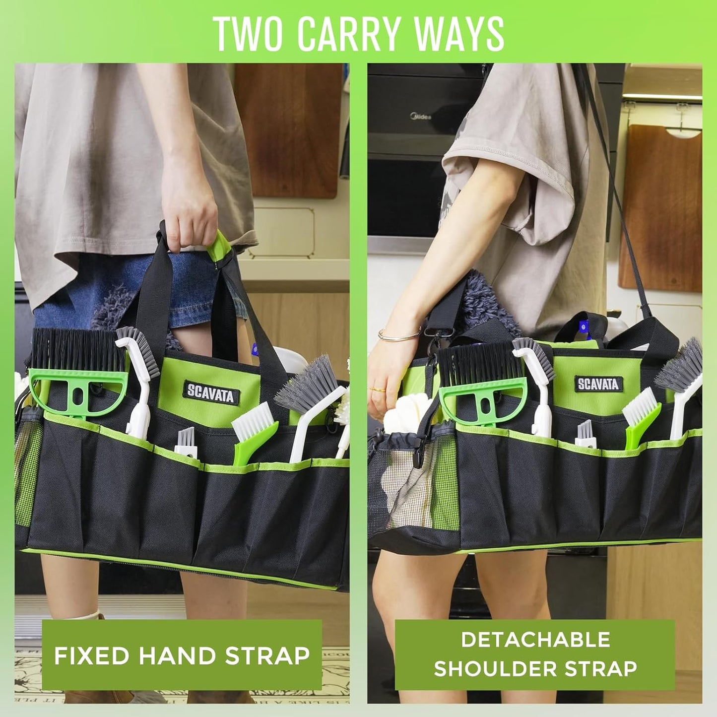 Wearable Cleaning Caddy Bag, Cleaning Caddy Supplies Organizer with Handle & Shoulder Straps for Housekeepers, Under Sink & Car Cleaning Tool Organizers with 4 Foldable Divider (NeonGreen)