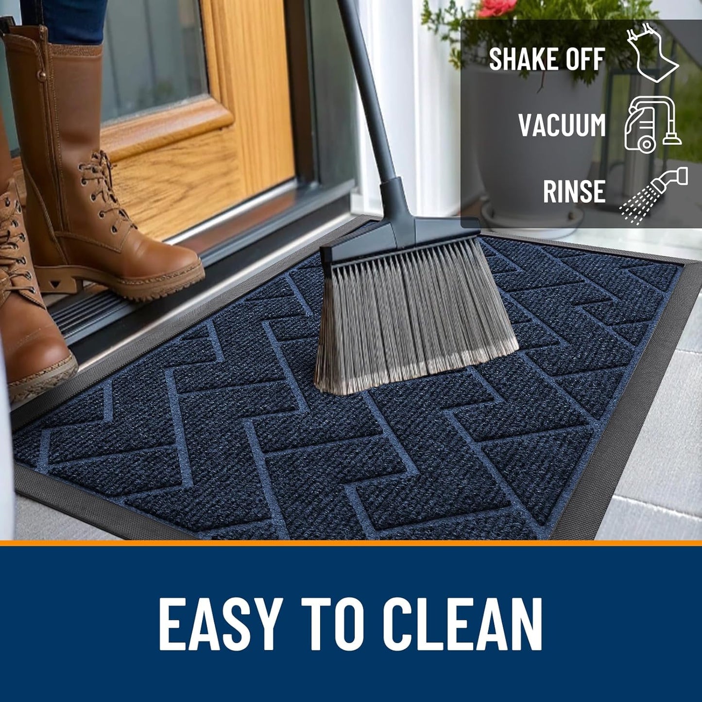 OLANLY Front Door Mat Indoor Outdoor Entrance, Waterproof All-Season, All-Weather Doormat, Sturdy Natural Rubber, Low Profile, Easy Clean Patio Porch Entryway Mat, Herringbone Brick (Blue, 71x47)