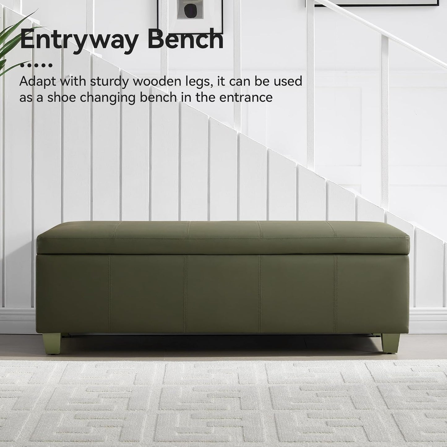51" Faux Leather Storage Ottoman, Stitch Tufted Rectangle Upholstered End of Bed Storage Bench, Entryway Large Couch Ottoman with Wooden Legs,Green
