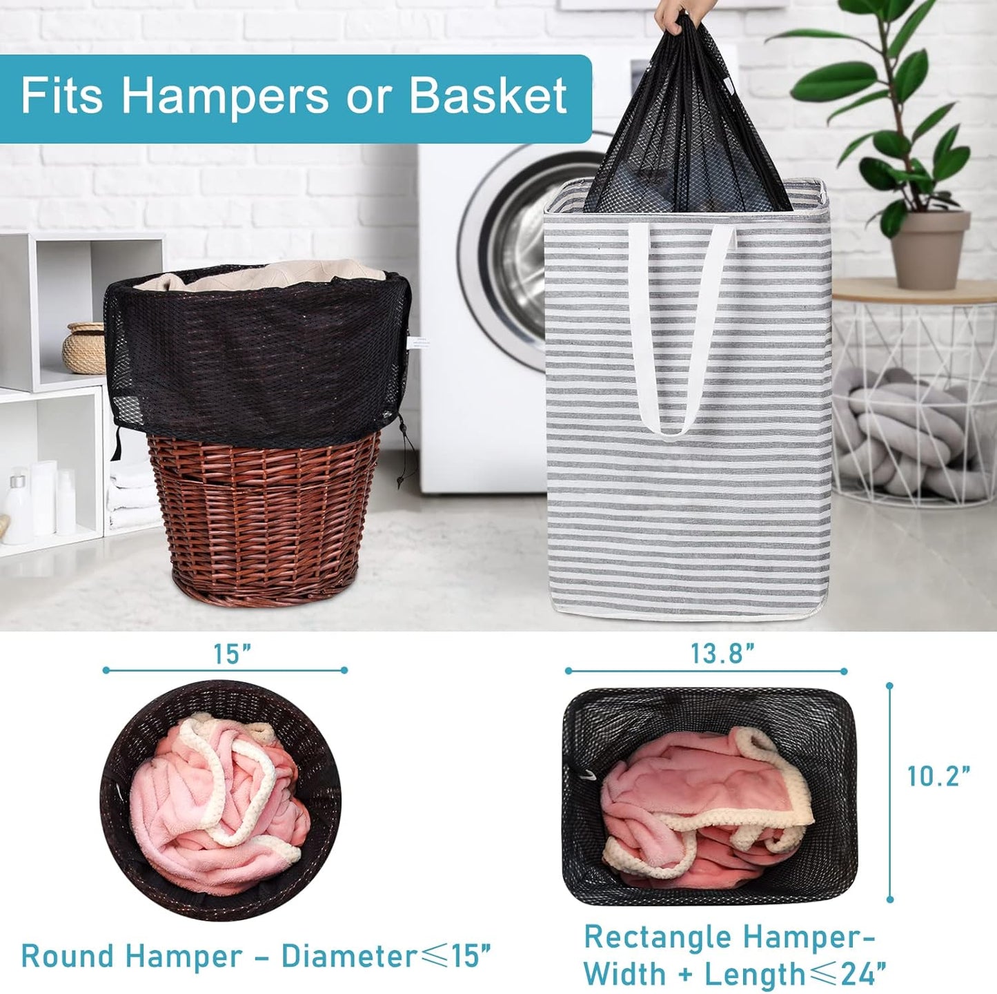 Polecasa Diamond Mesh Laundry Bags, 24 x 36 inches Heavy Duty Mesh Laundry Bag with ID Tag and Drawstring Closure, Large Laundry Hamper Liner, Washable Laundry Bags for Travel, Sports, Dorms (Black)