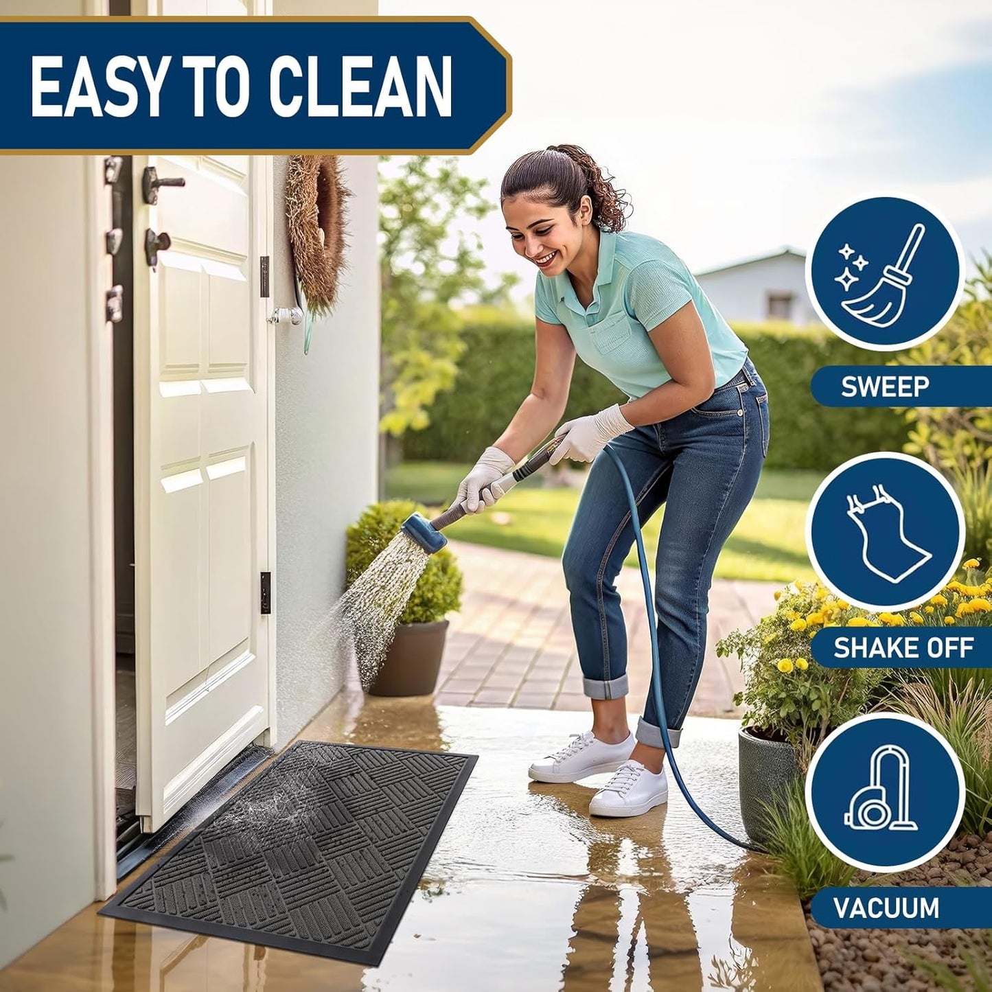 Smiry Front Door Mat Outside Entrance, Heavy Duty Outdoor Indoor Natural Rubber Doormat, Non Slip, Trap Dirt and Moisture, Easy Clean, Low Profile Patio Porch Entryway Mat, 59x35, Grey
