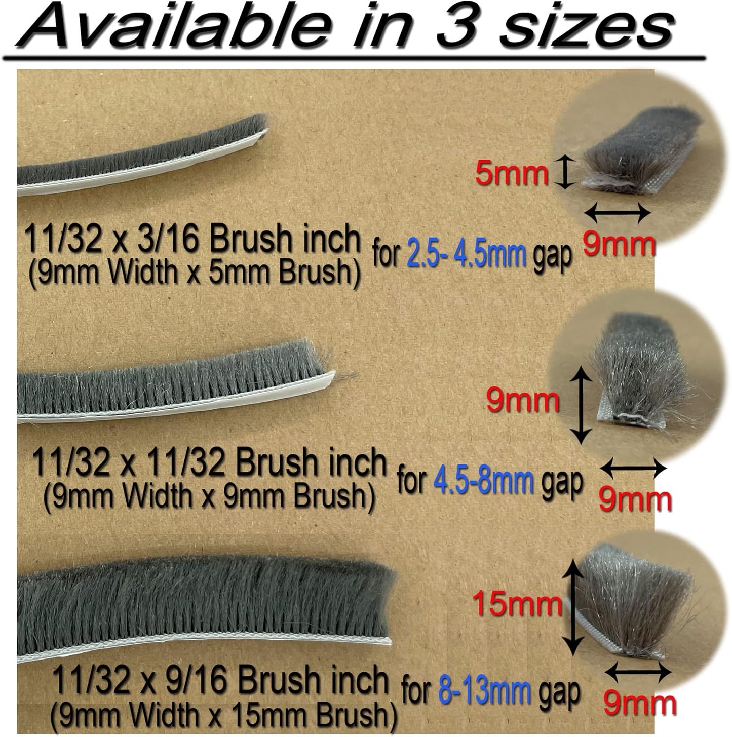 Adhesive Pile Weather Stripping, Weatherstrip Fuzzy Door Brush Strip for Sliding Sash Door Window Wardrobe Seal(33ft x11/32 Backing x 11/32 Brush inch, Black)
