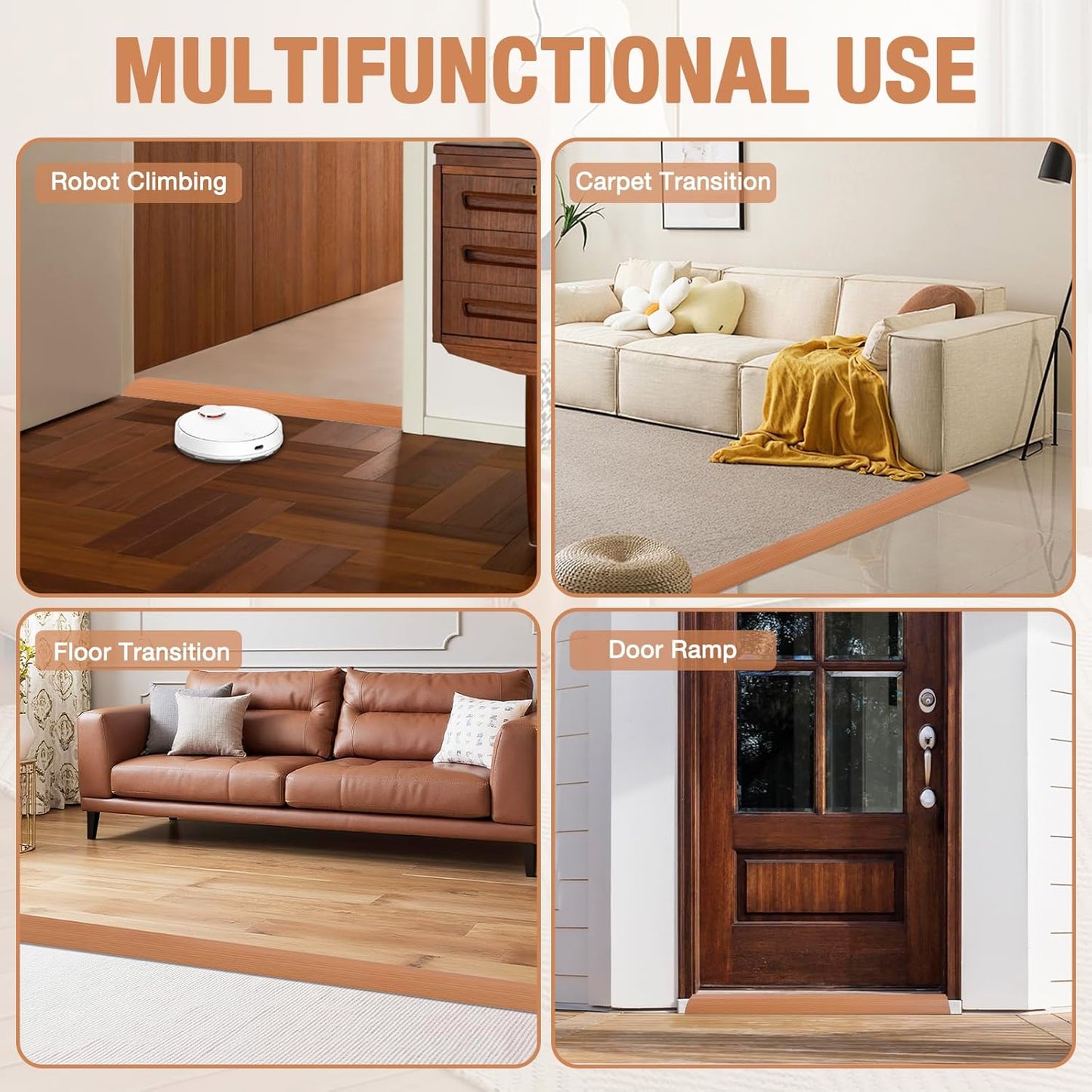 Floor Transition Strip Self Adhesive Vinyl Door Threshold for Doorways Carpet Edging Trim Overlap Edge Reducer for Laminate Floor, Carpet, Tile (Yellow Oak Grain, 3/5" to 4/5", 10Ft)