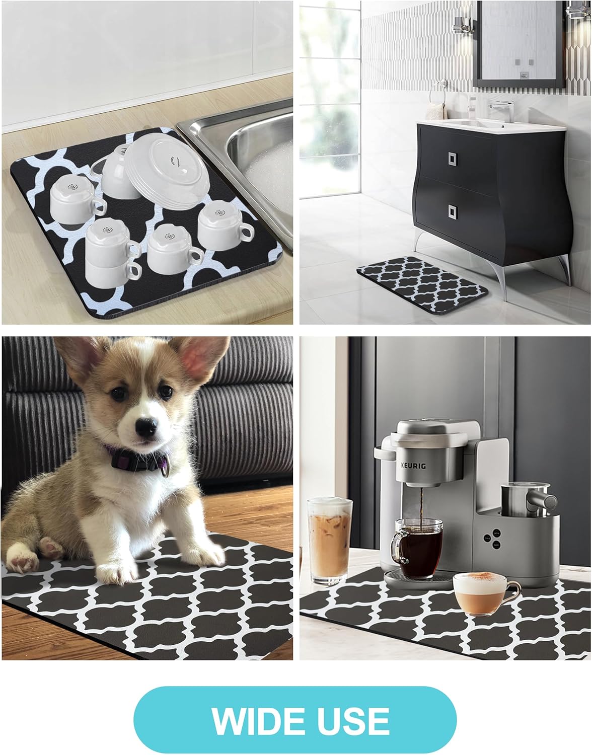 Dish Drying Mat for Kitchen Counter, 12"x19" Dish Drying Pad with Non-slip Rubber Backed, Hide Stain Anti Absorbent for Kitchen Counter, Drying Mat for Coffee Machine Dish Rack (Gray Trellis)