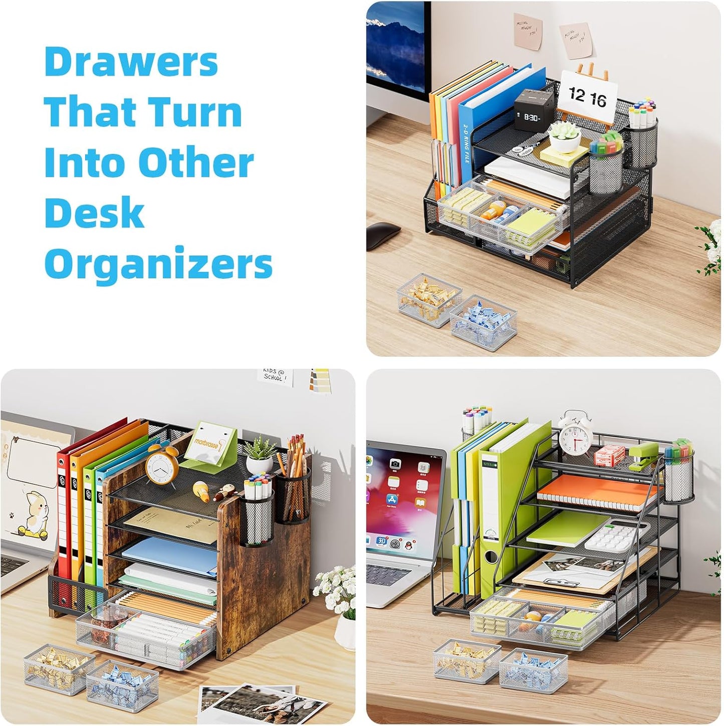 Marbrasse 3 Packs Desk Drawer Organizers, Metal Mesh Dividers with 9 Adjustable Compartments, Pen Organizer for Drawer Tray Box Accessories for Desktop,Kitchen, Makeup(Silver)