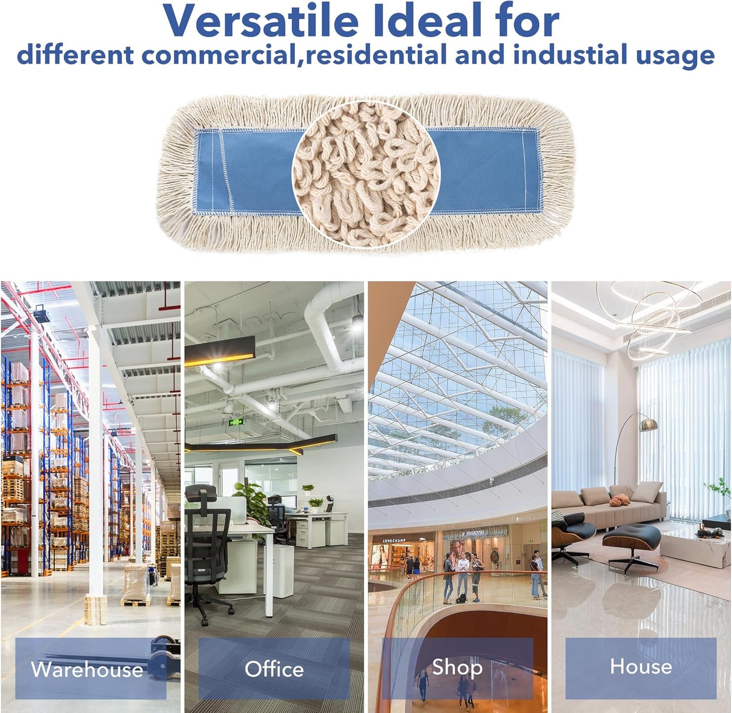Matthew Cleaning 36'' Industrial Strength Cotton Dust Mop Refill Washable Replacement Heads for Residential & Commercial Use Fit Standard Dust Mop Frames, Hardwood, Concrete Floors Blue&White 12 Pack