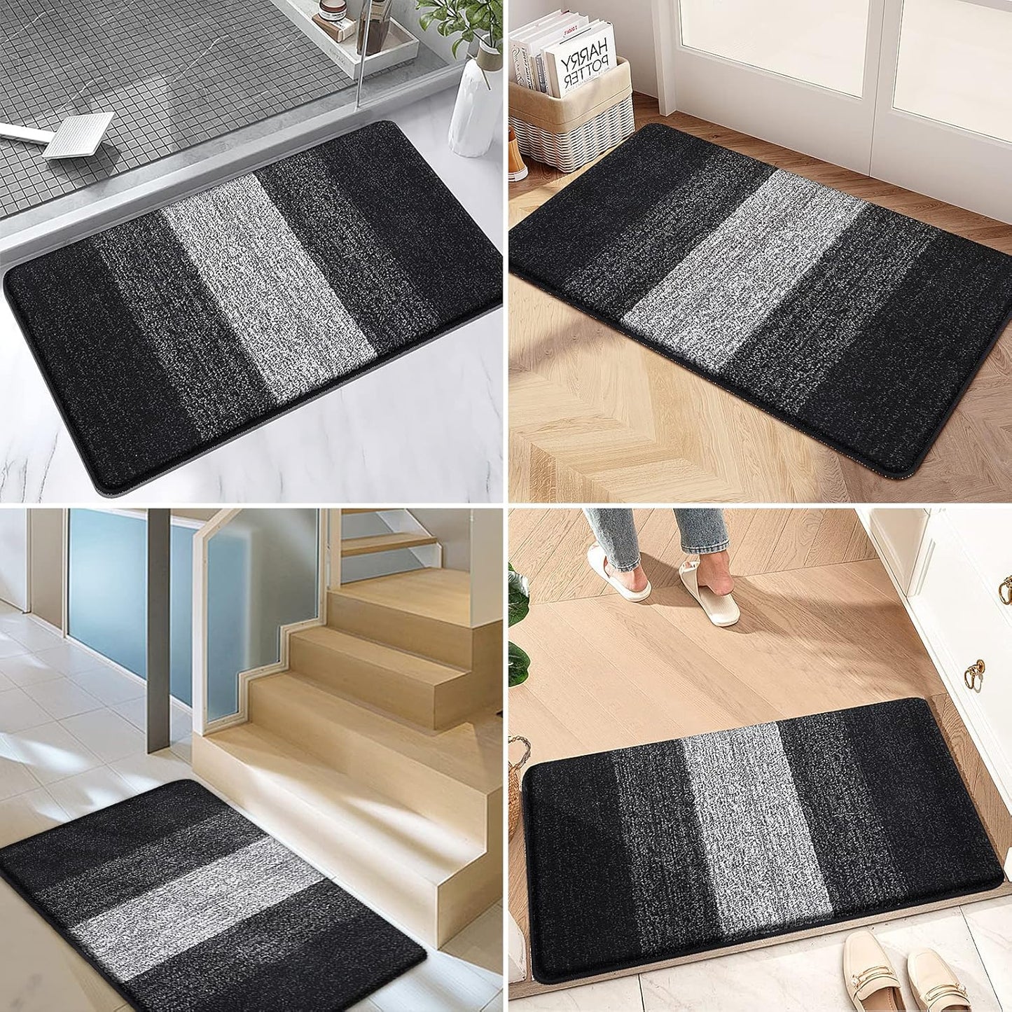 Kitinjoy Indoor Outdoor Door Mat, 32x20 Non-Slip Absorbent Dirt Trapper, Low-Profile Washable Inside Entrance Front Floor Mat, Sturdy Soft Entry Doormats for Entryway, Black