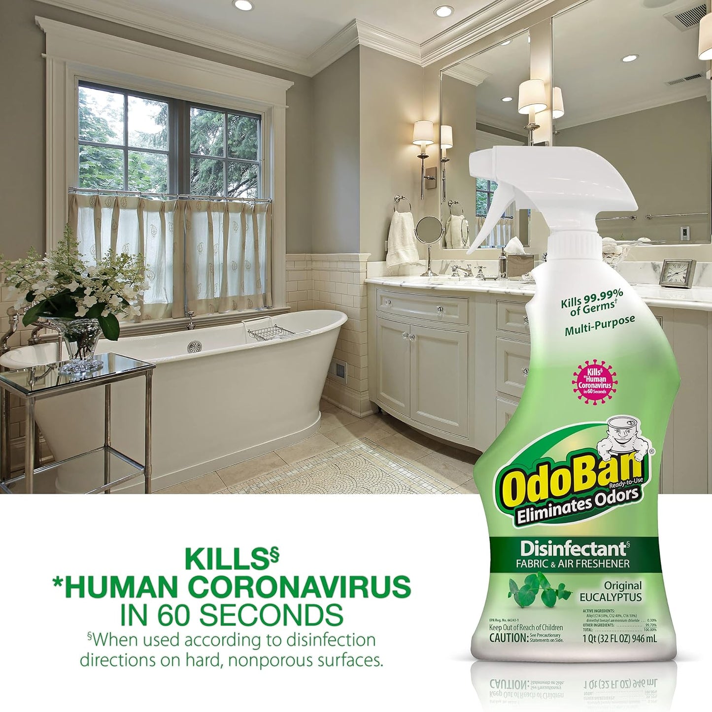 OdoBan Ready-to-Use Disinfectant and Odor Eliminator, Set of 3 Spray Bottles, Made in the USA, Original Eucalyptus and Lavender Scents, 32 Ounces Each