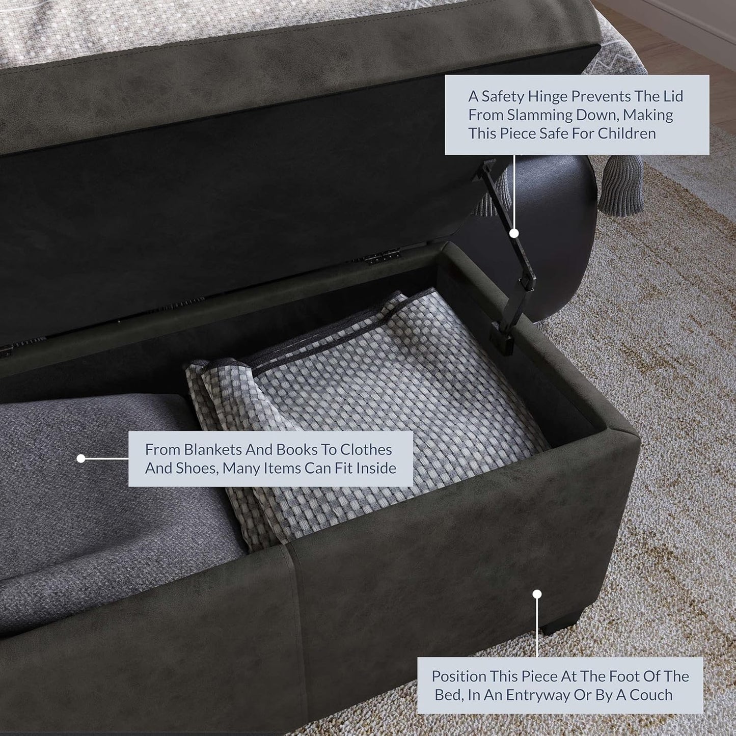 BELLEZE Storage Faux Leather Ottoman, 47 Inch Bench Bedroom Bench with Safety Close Hinge, Extra Long Ottoman with Storage for Living Room, Entryway, Hallway, Foot Rest, Support 300lbs - Rustic Gray