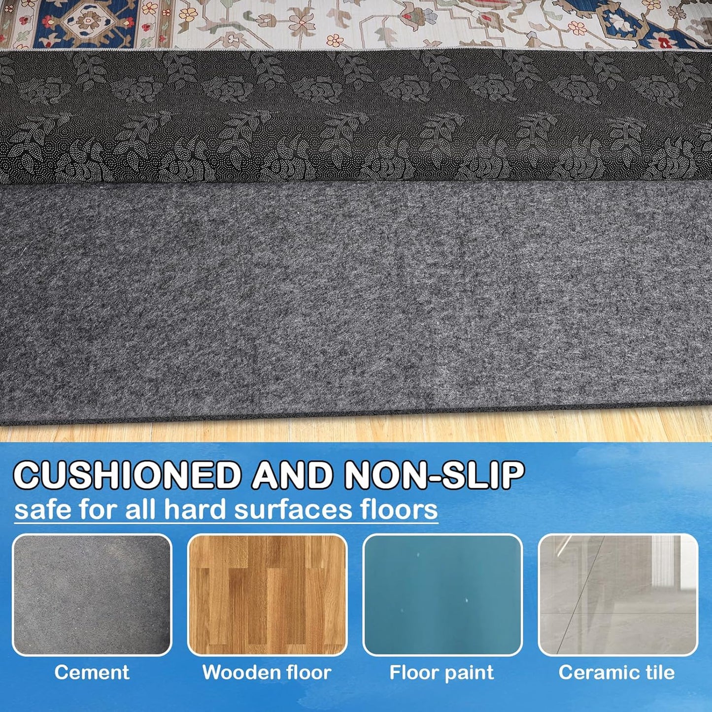 Non-Slip Rug Pads 2 x 6 ft, 100% Waterproof Extra Large Area Rugs Non Skid Rug Pad for All Floors and Finishes Durable Hardwood Floor Protective Felt Keeps Rugs in Place, Safe and Secure