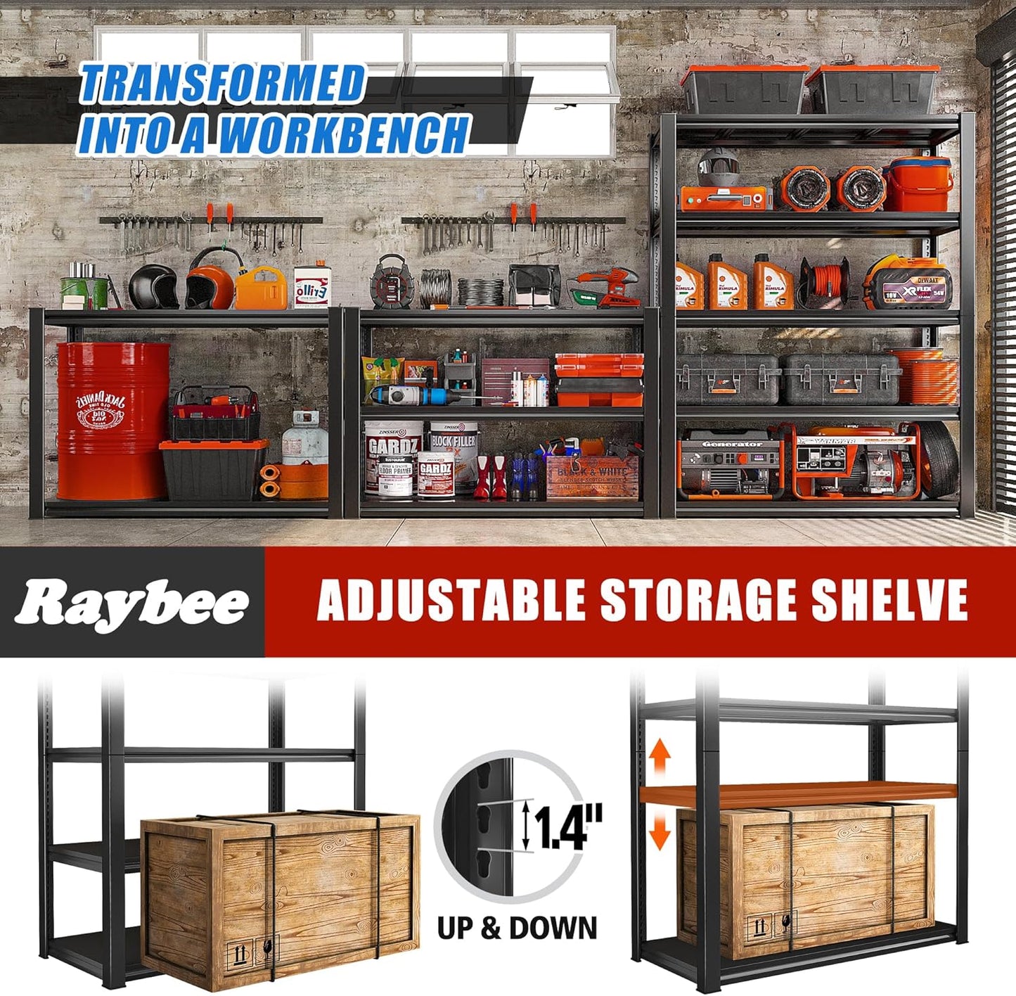 Raybee Garage Shelving 2000LBS Storage Shelves Adjustable Metal Shelves 5 Tier Heavy Duty Shelving Metal Shelf for Basement Pantry Kitchen 32" W x 16.5" D x 63" H