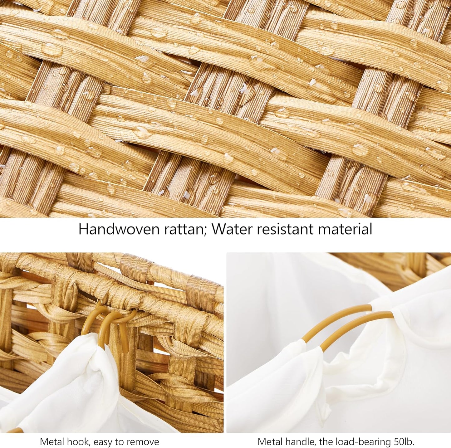 Laundry Hamper with 4 Removable Liner Bags; 176L Handwoven Rattan Laundry Basket with Lid & Heightened Feet; Clothes Hamper with Side Handles (Natural)