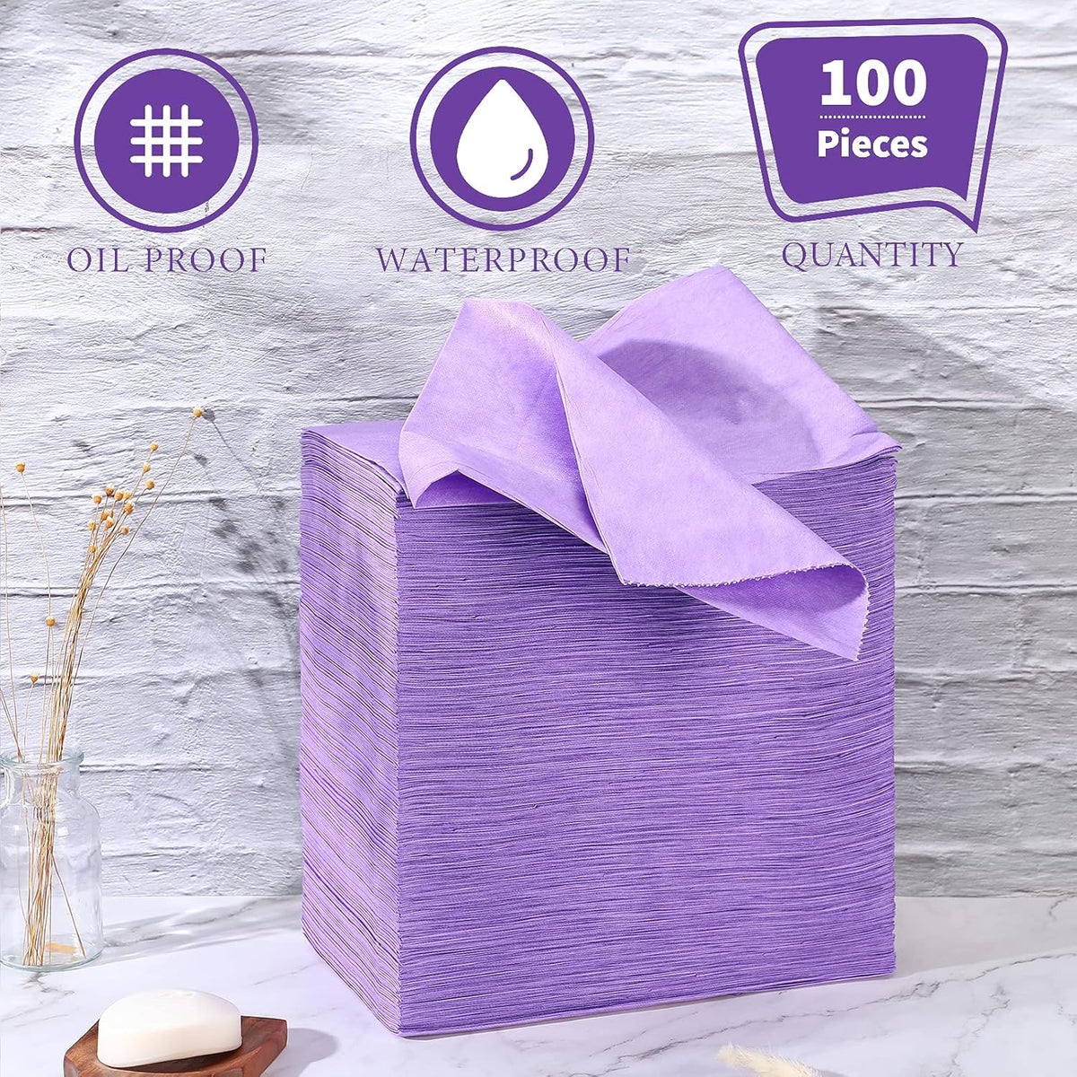 Breling 100 Pcs 31.5 x 71 Inch Disposable Bed Sheets Oil-proof PE Film Massage Table Sheets Non-woven Fabric Spa Waterproof Bed Cover Breathable for Beauty Salon Hotels Tattoo Waxing(Purple)