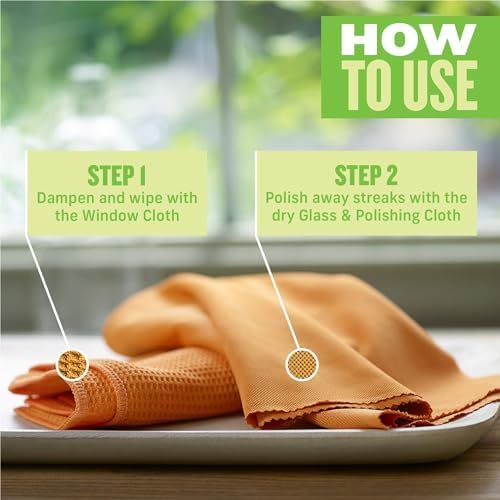 E-Cloth 2-Pack Window Cleaning Cloth - Streak-Free Glass & Mirror Cleaning Kit with Just Water, Glass Cleaning Cloth, Microfiber Towel Kit for Windows, Car Windshield, Mirrors - Tangerine Orange