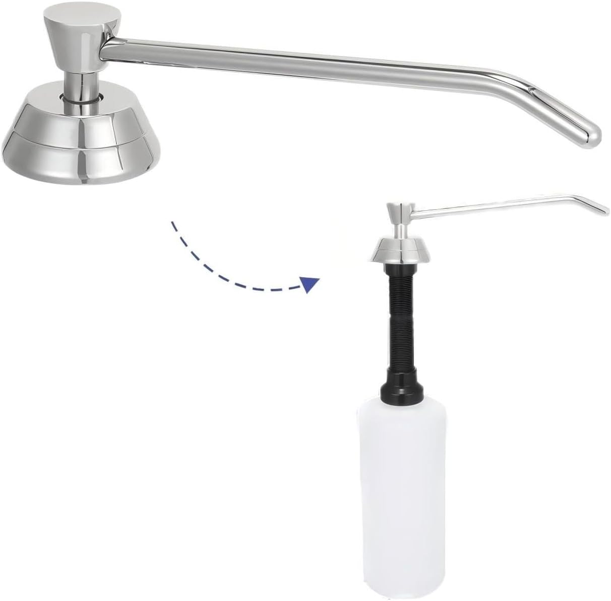 Heavy Duty Brass Countertop Liquid Soap Dispenser, Commercial Grade Top Fill Built-in Soap Dispenser with 34 oz/ 1L Bottle for Bathroom, Kitchen, Public Restroom, Chrome Finish, 6” Spout