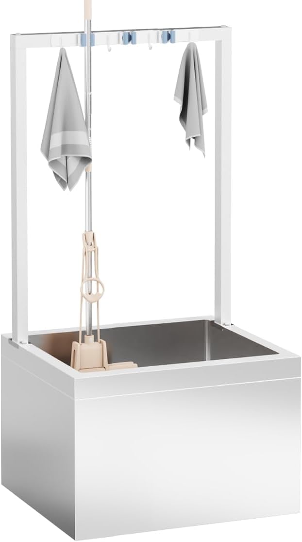 TONGMO Stainless Steel Floor Mop Sink, Mop sink with Cleaning Tool Rack (23.6" x 23.6" x 13")