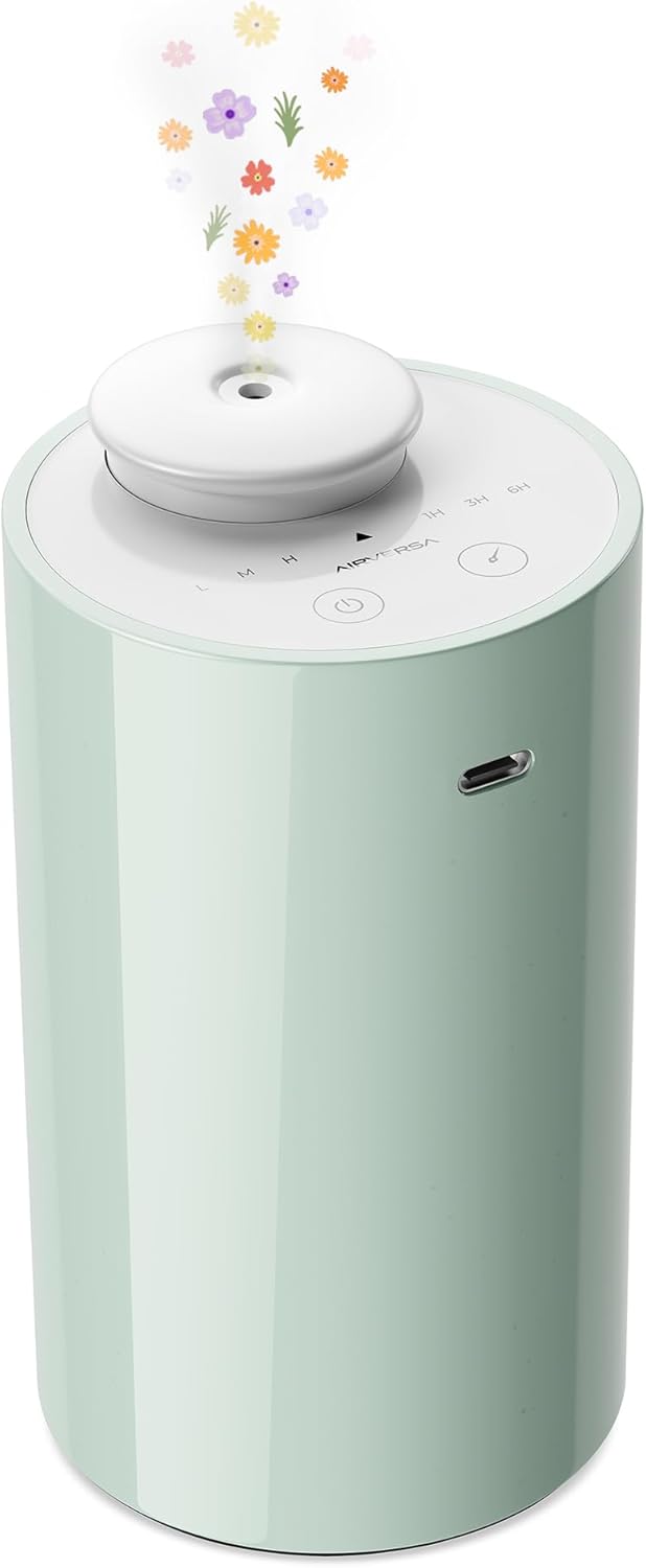 Waterless Diffuser for Essential Oil, Battery Operated Nebulizer, 0.7 Fl.Oz./ 20mL Capacity, Mini Scent Air Machine, 3 Countdown Timers & 3 Mist Levels for Home, Room, Car, Office - AN6 Green Lily