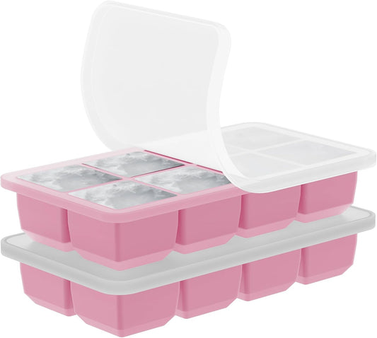 2 Pack Silicone 2 Inch Large Ice Cube Molds for Cocktails Wine Fruit and Bourbon Whiskey Easy Release Ice Cube Tray with Lid Ideal for Cold Drinks and Entertaining Gatherings (Strawberry Pink)