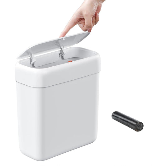 funest Bathroom Small Trash Can with Lid, 13 Liter/3.4 Gallon Slim Garbage Bin with Press Top Lid, White Wastebasket for Bedroom, Office, Kitchen, RV