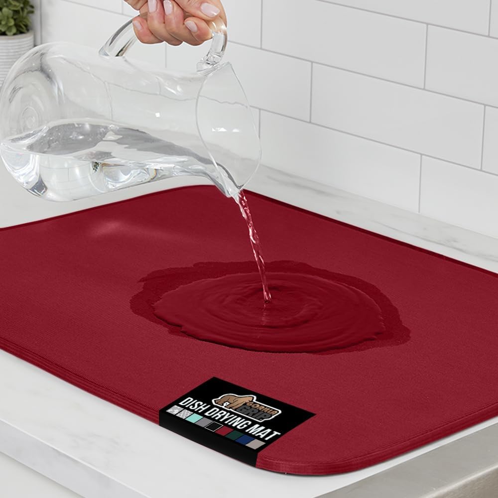 GORILLA GRIP Ultra Water Absorbent Microfiber Dish Drying Mat, Quick Dry Thick Mesh, Slip Resistant Pad for Sink Dishes or Under Rack, Kitchen Counter Accessories, 16x18, Machine Wash Mats, Red