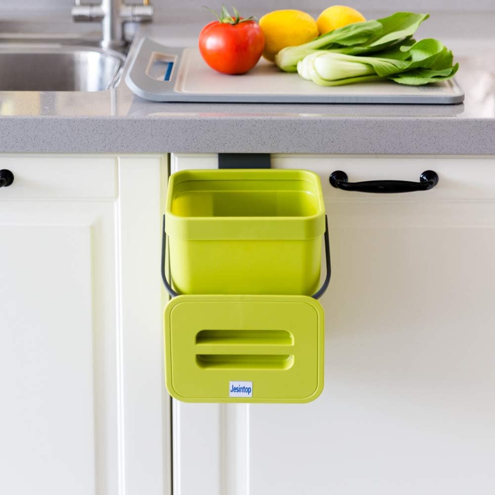 Counter Top Compost Bin with Lid for Kitchen Waste Food Scrap,Mountable Bathroom Hanging Small Trash Can Under Sink 1.3 Gal/5 L Series,Green