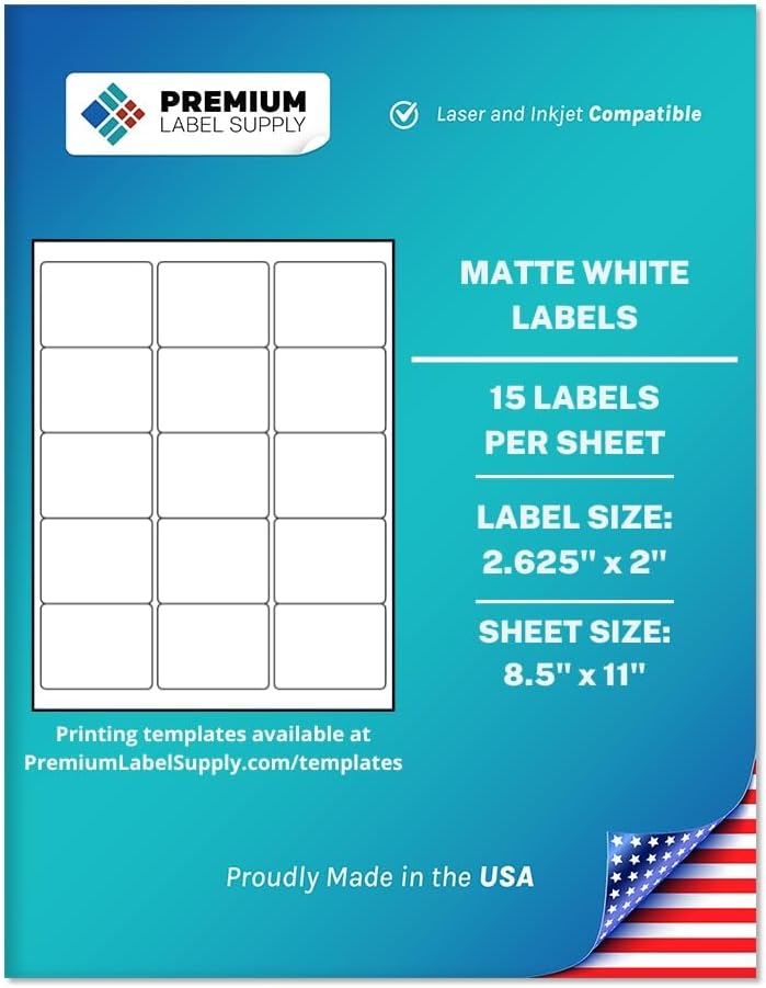 Premium Label Supply White Sticker Labels – 2.625" x 2" – Laser/Inkjet Compatible – (15 per Sheet), 100 Sheets – 1500 Total Adhesive Labels