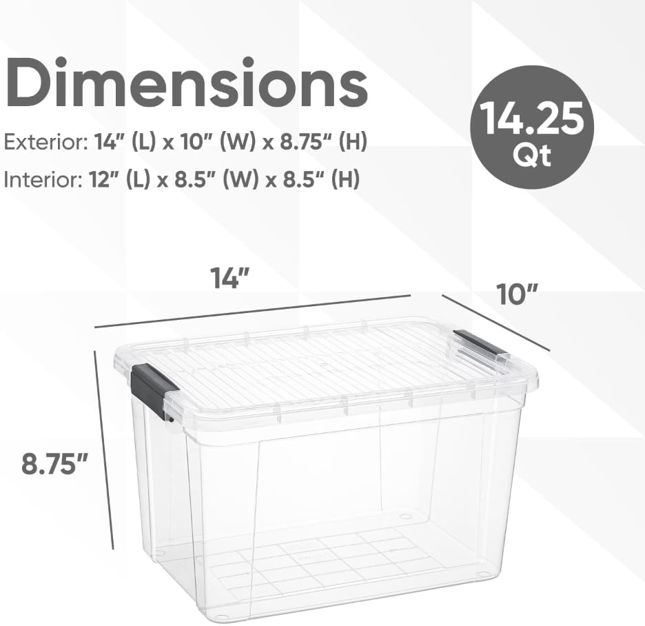 Superio Clear Storage Boxes with Lids, 14.25 Quart Plastic Container Bins for Organizing, Stackable Crates, BPA Free, Non Toxic, Odor Free, Organizers for Home, Office and Dorm, 4 Pack