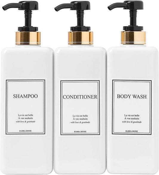 Modern Gold Design Large 27 oz Shampoo and Conditioner Dispensers - Empty Plastic Refillable Pump Bottle Set for Bathroom Shower Soap Dispenser, Set of 3 (Black)