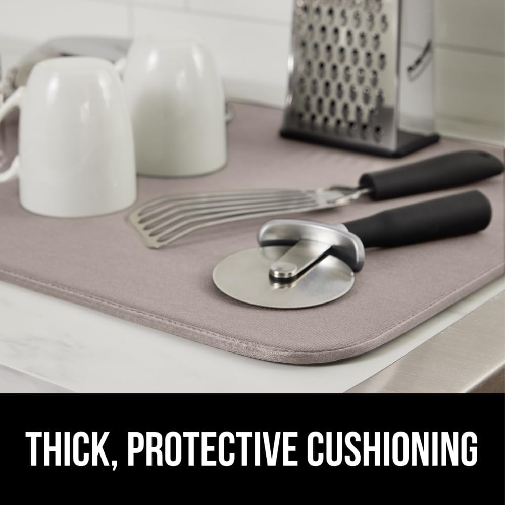 GORILLA GRIP Ultra Water Absorbent Microfiber Dish Drying Mat, 18x32, Quick Dry Thick Mesh, Slip Resistant Pad for Sink Dishes or Under Rack, Kitchen Counter Accessories, Machine Wash Mats, Almond
