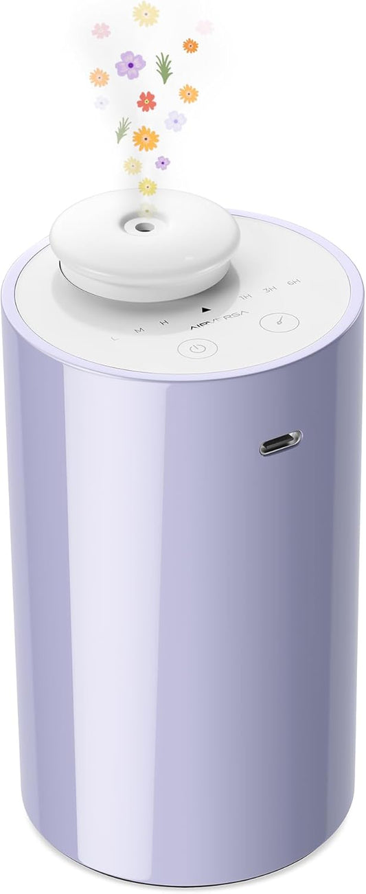 Waterless Diffuser for Essential Oil, Battery Operated Nebulizer, 0.7 Fl.Oz./ 20mL Capacity, Mini Scent Air Machine, 3 Countdown Timers & 3 Mist Levels for Home, Room, Car, Office - AN6 Lavender