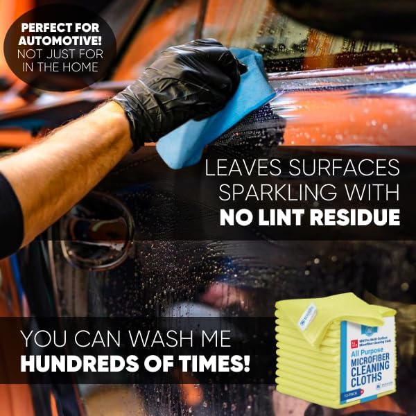 12" x 12" MW Pro Multi-Surface Microfiber Cleaning Cloths | Yellow - 12 Pack | Premium Microfiber Towels for Cleaning Glass, Kitchens, Bathrooms, Automotive, Supplies & Products
