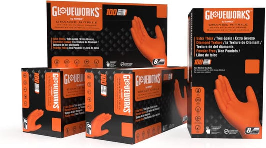 GLOVEWORKS Heavy-Duty Nitrile Gloves, Disposable, Latex Free, 8 Mil, Orange, Diamond Grip Glove