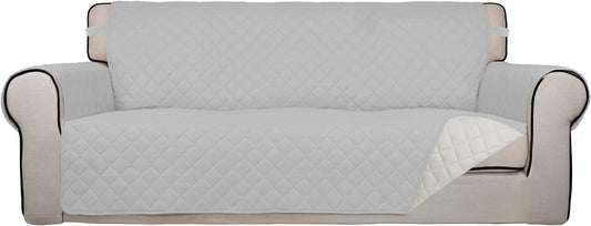 PureFit Reversible Quilted Sofa Cover, Water Resistant Slipcover Furniture Protector, Washable Couch Cover with Non Slip Foam and Elastic Straps for Kids, Pets (Sofa,Light Gray/Ivory) Large