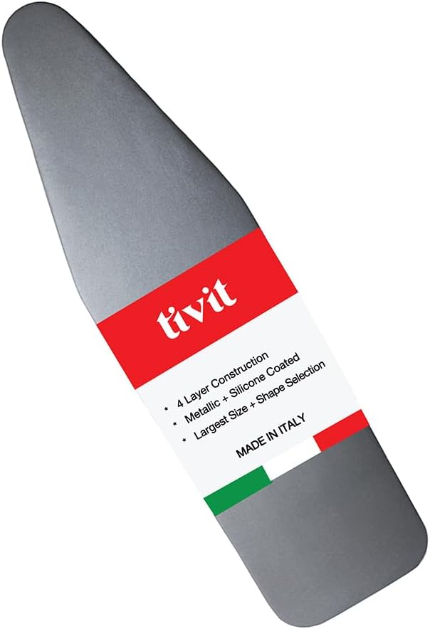 TIVIT Ironing Board Cover 14 x 44, Made in Italy. Pro Grip Pad Covers w/3 Fastener Straps & Pull Bungee Cord - Durable Scorch & Stain Resistant Padded Layers, Heat Reflective AlumiTek PRO Top Coat