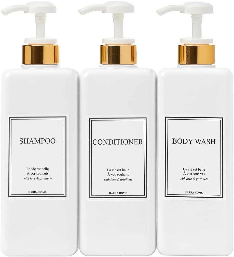 Modern Gold Design Large 27 oz Shampoo and Conditioner Dispensers - Empty Plastic Refillable Pump Bottle Set for Bathroom Shower Soap Dispenser, Set of 3 (White)