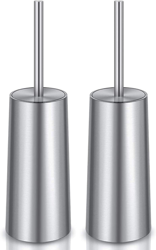 Toilet Brush and Holder, 2 Pack Toilet Brush with 304 Stainless Steel Long Handle, Toilet Bowl Brush for Bathroom Toilet-Ergonomic, Elegant,Durable (Silver)
