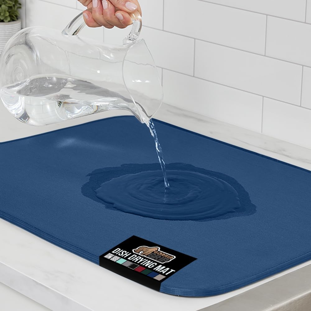 GORILLA GRIP Ultra Water Absorbent Microfiber Dish Drying Mat, 18x24, Quick Dry Thick Mesh, Slip Resistant Pad for Sink Dishes or Under Rack, Kitchen Counter Accessories, Machine Wash, Blue