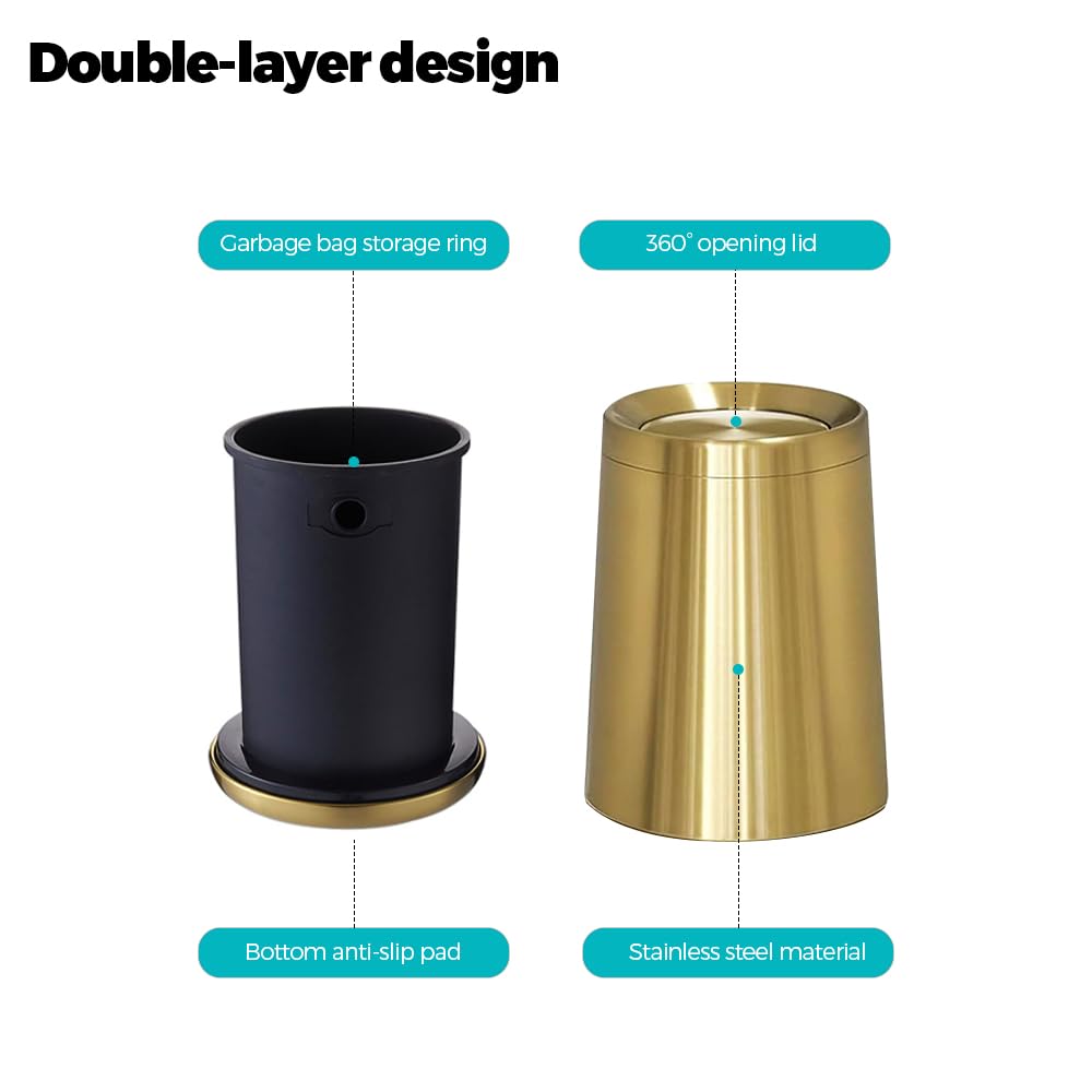8L / 2.1Gal Gold Brushed Stainless Steel Trash Can with Swing Cover,Gold Bathroom Trash can ，Decorative Garbage Can for Bathroom, Living Room, BedroomOffice, Hotel, RV (32A gold-8L)