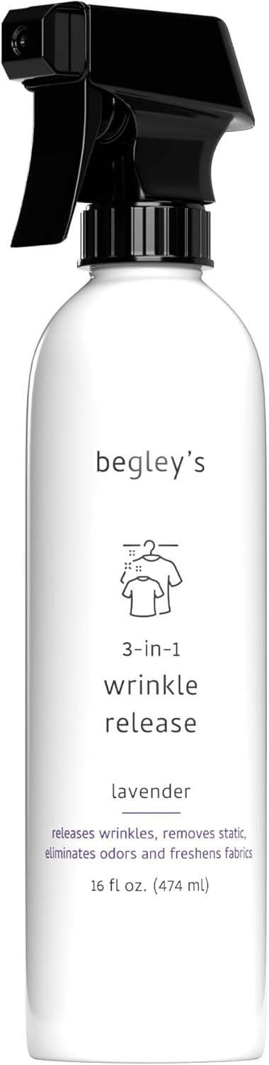 Begley's 3-in-1 Wrinkle Remover, Quick Fix Wrinkle Release, Static Cling Remover, Odor Eliminator and Fabric Refresher Spray - USDA Certified Biobased - Lavender, 16 oz